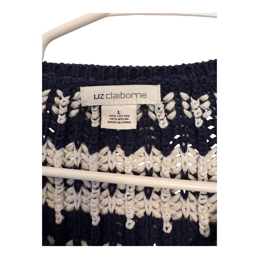 Liz Claiborne Nautical Striped open-knit Cardigan Navy White Womens Large - Picture 7 of 7